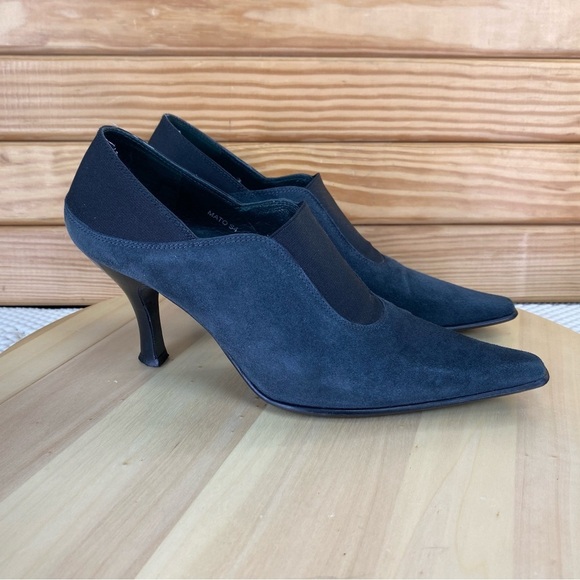 Donald J Pliner 7 US Slip on Black Suede/Leather Stiletto Heels Pumps Shooties - Picture 1 of 12